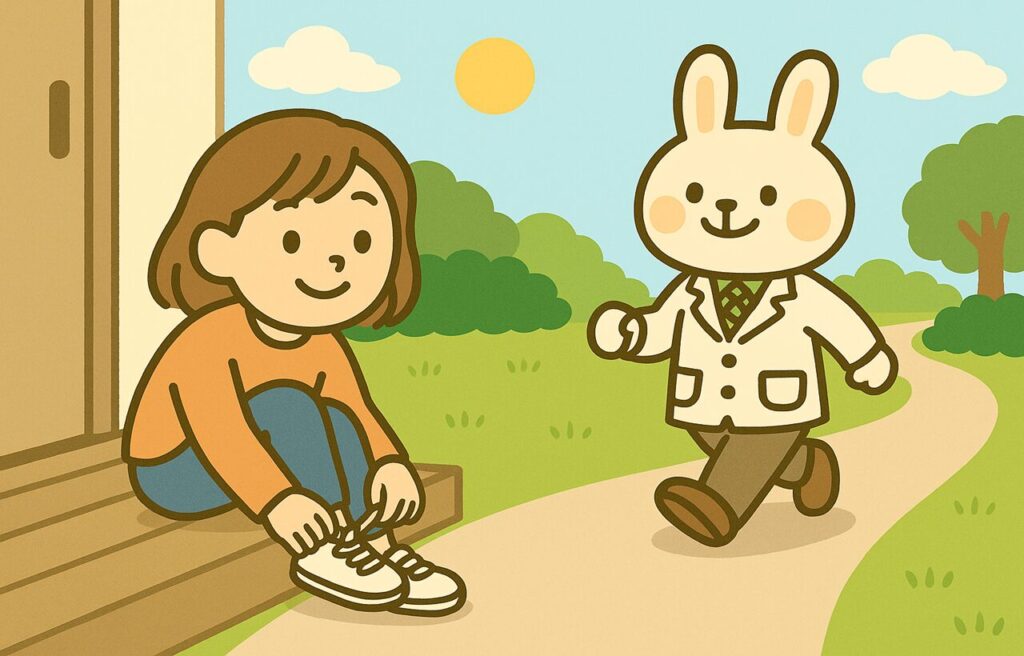 オレンジの服を着た女の子（すずちゃん）と、白衣を着たうさぎの薬剤師（みどりん）が並んで歩いている様子のイラスト。明るい道を笑顔で一緒に進む姿が、健康的な第一歩を象徴している。
